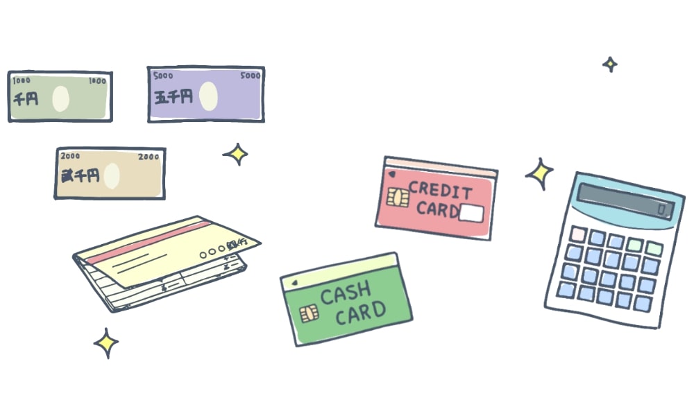 紙幣・キャッシュカード・クレジットカード・電卓