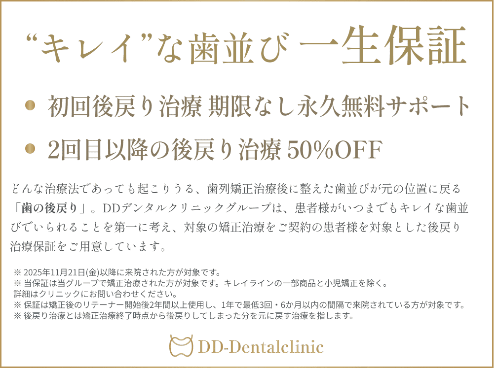 DDデンタルクリニックの後戻治療一生保証とは